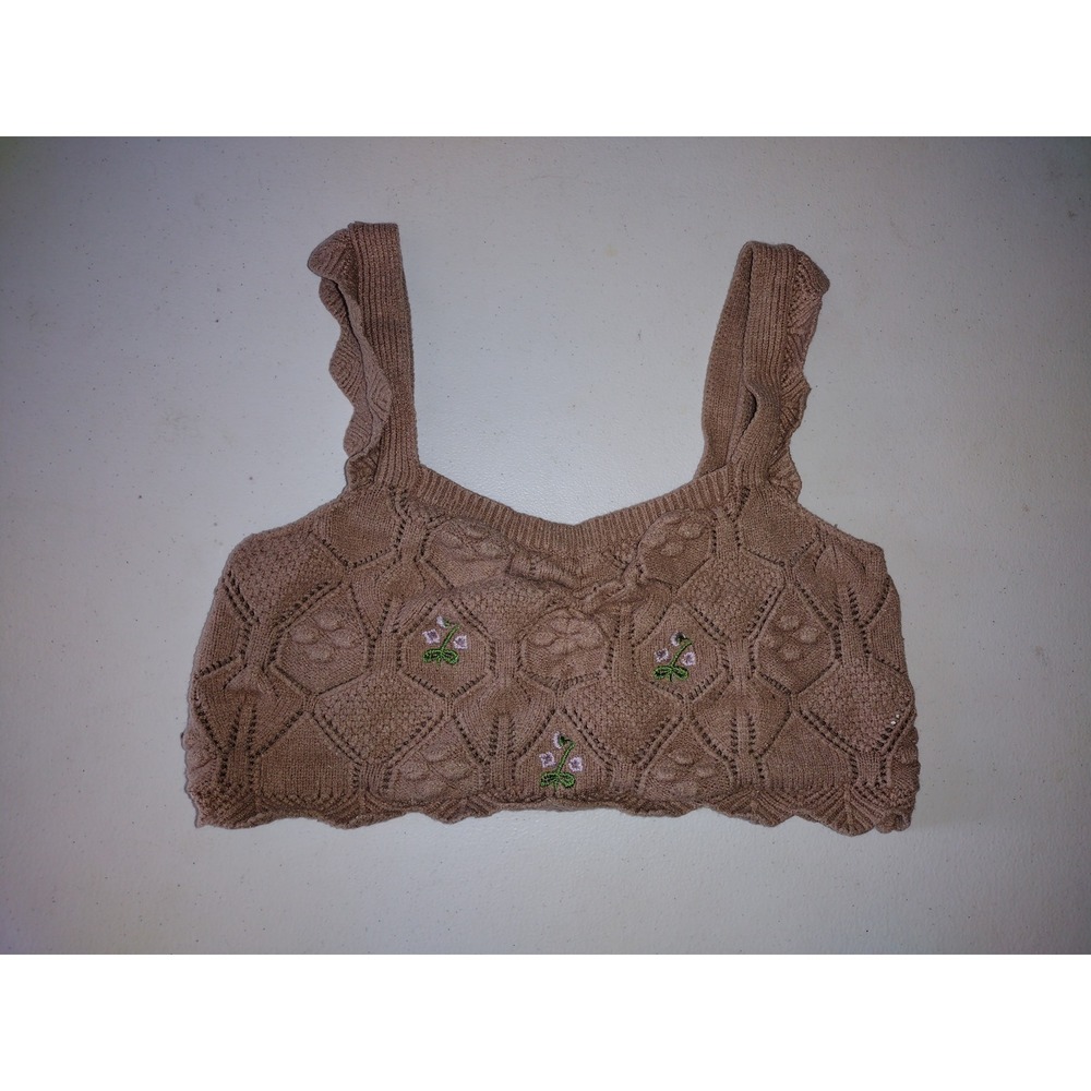 Hazel Moon Crochet Knit Crop Top XL Brown Floral Embroidered Sleeveless‎
